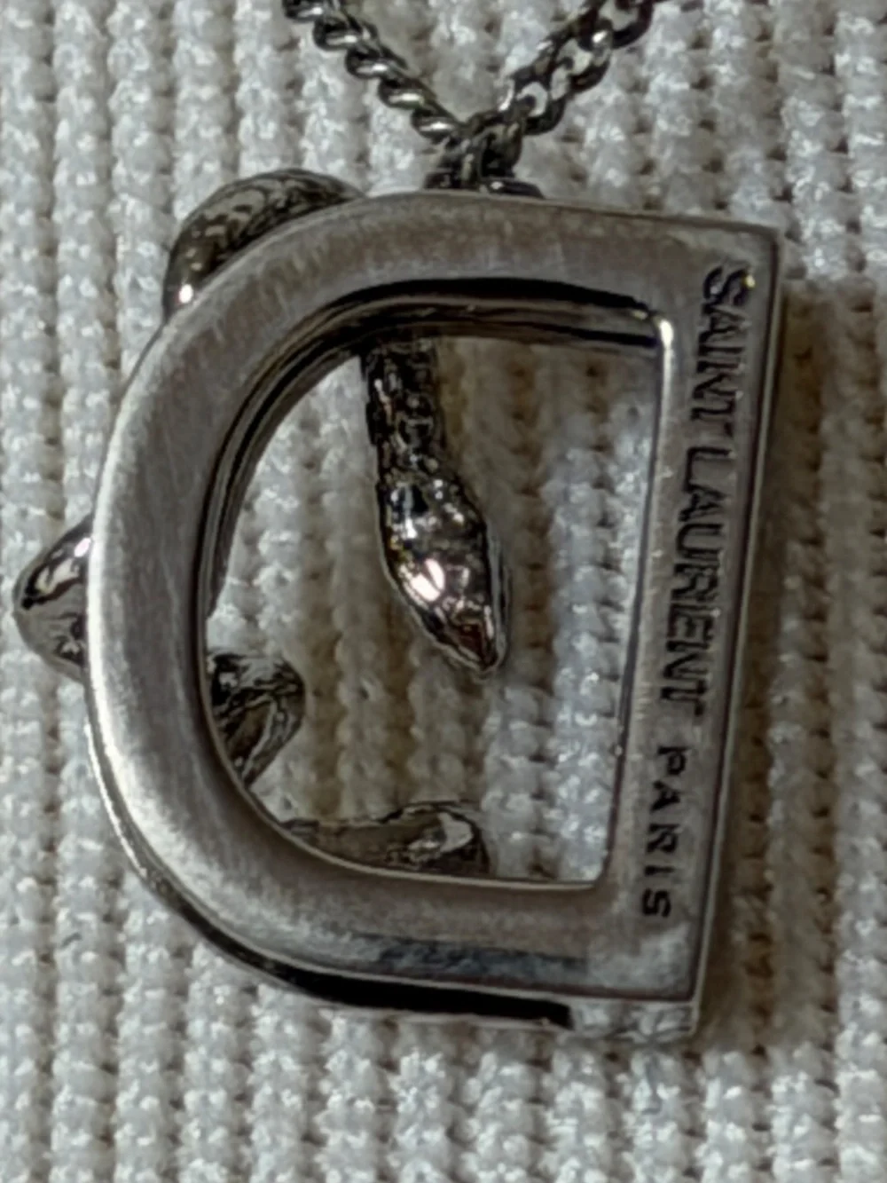 Saint Laurent YSL Sterling Silver D Initial Letter Snake Pendant Chain Necklace